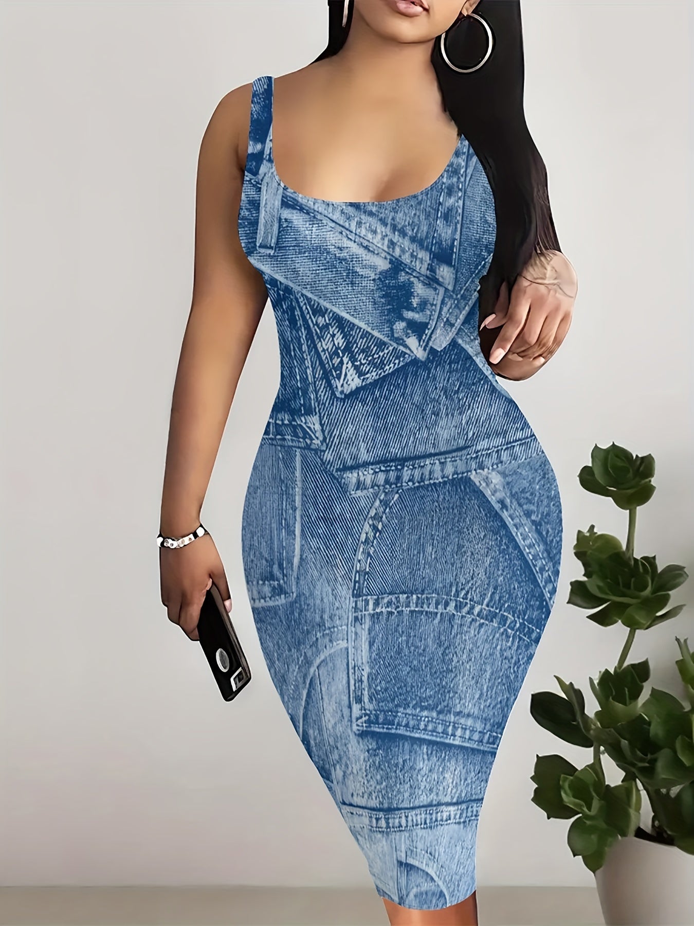 Faux Denim Print Crew Neck Tank Dress, Casual Sleeveless Bodycon Dress For Spring & Summer, Women's Clothing